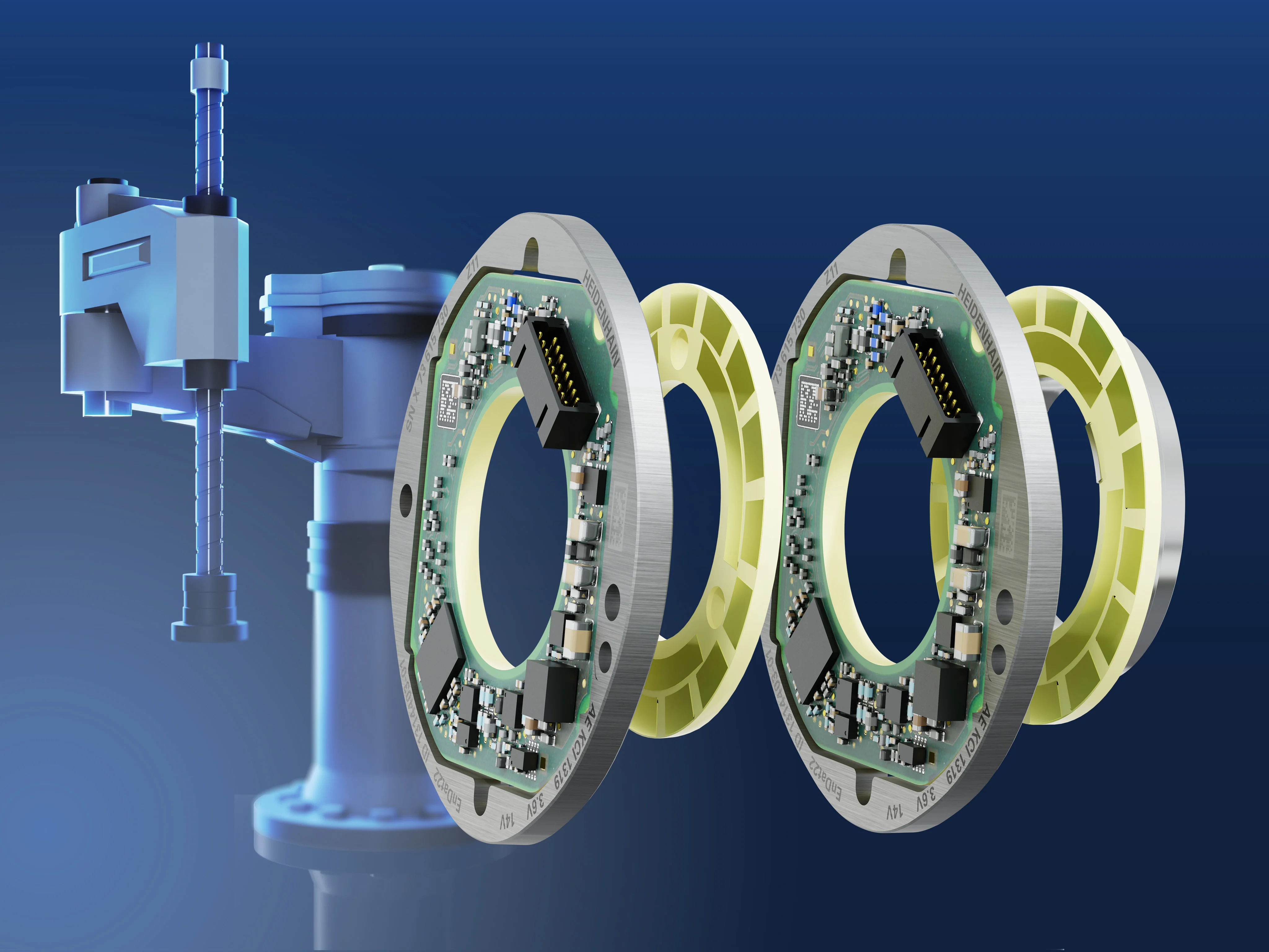 HEIDENHAIN offers the KCI 1300 and KBI 1300 inductive rotary encoders with a scanning unit combined with either a press-fit disk and hub assembly (on the right) or a screw-fastened circular scale (on the left)